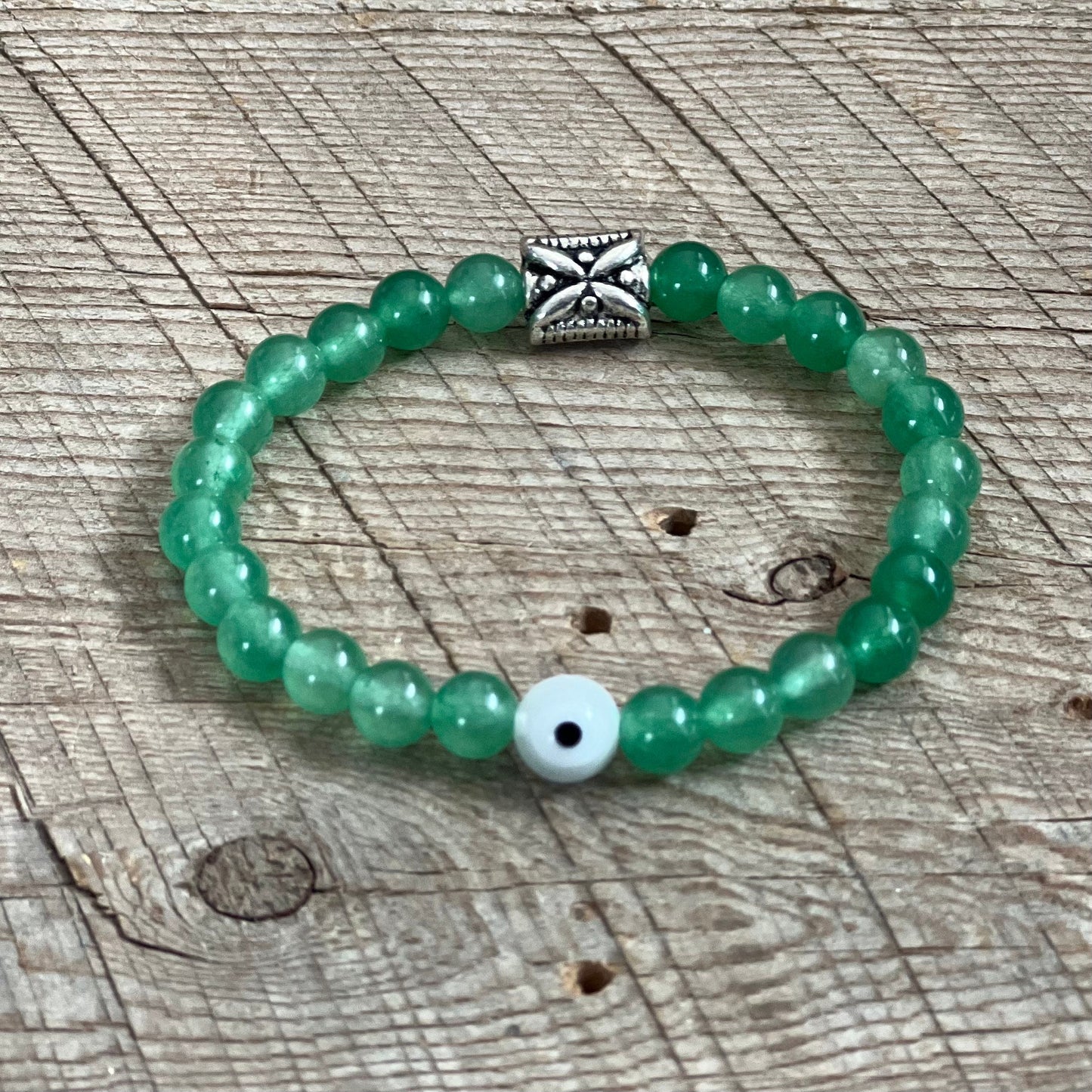 SariBlue® Green Aventurine Bracelet with Clear Evil Eye & Boho Flower Bead