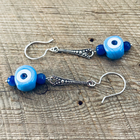 SariBlue® Boho Cornflower Blue Evil Eye Dangle Earrings