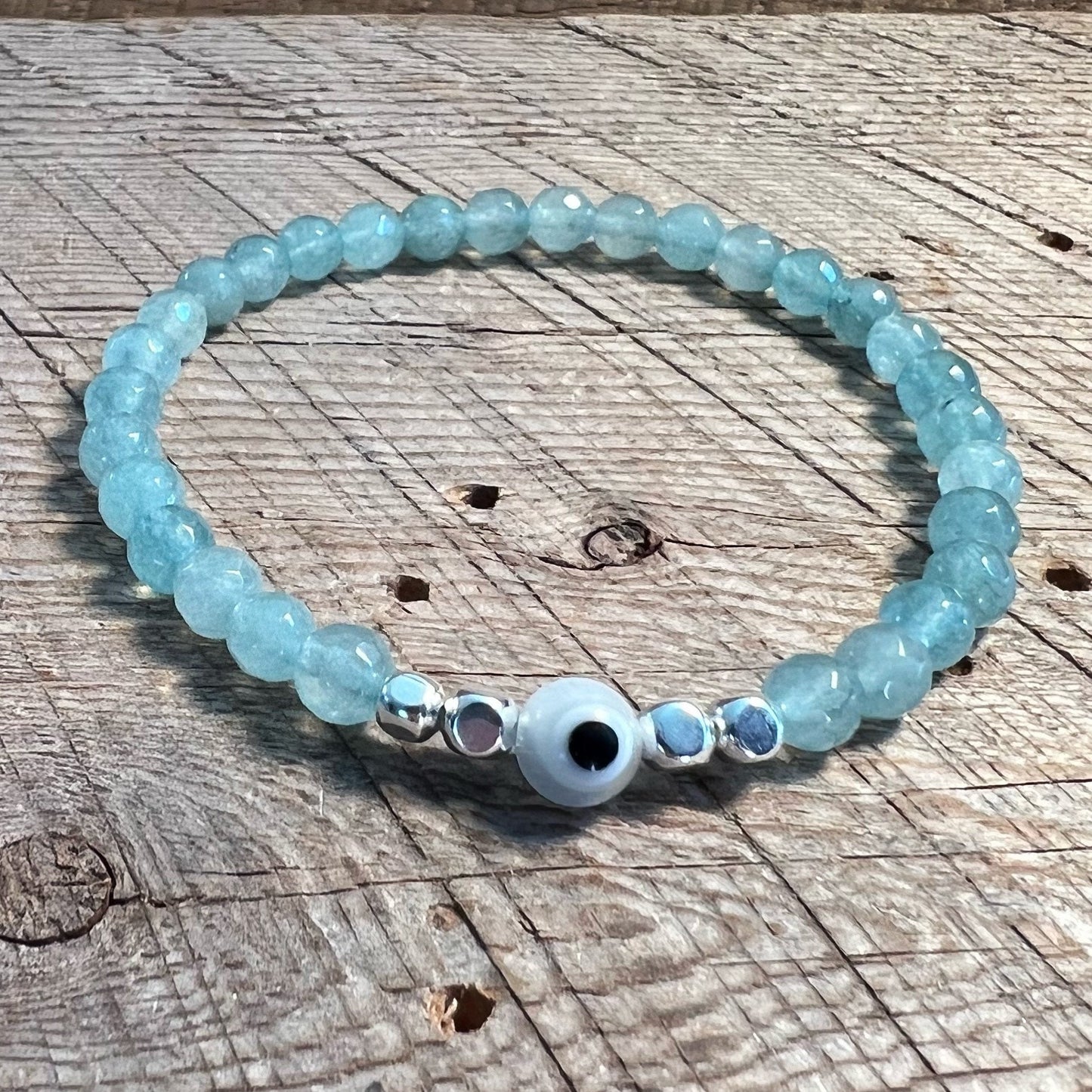 SariBlue® Aqua Quartzite Bracelet with Sterling Silver Beads & Clear Evil Eye