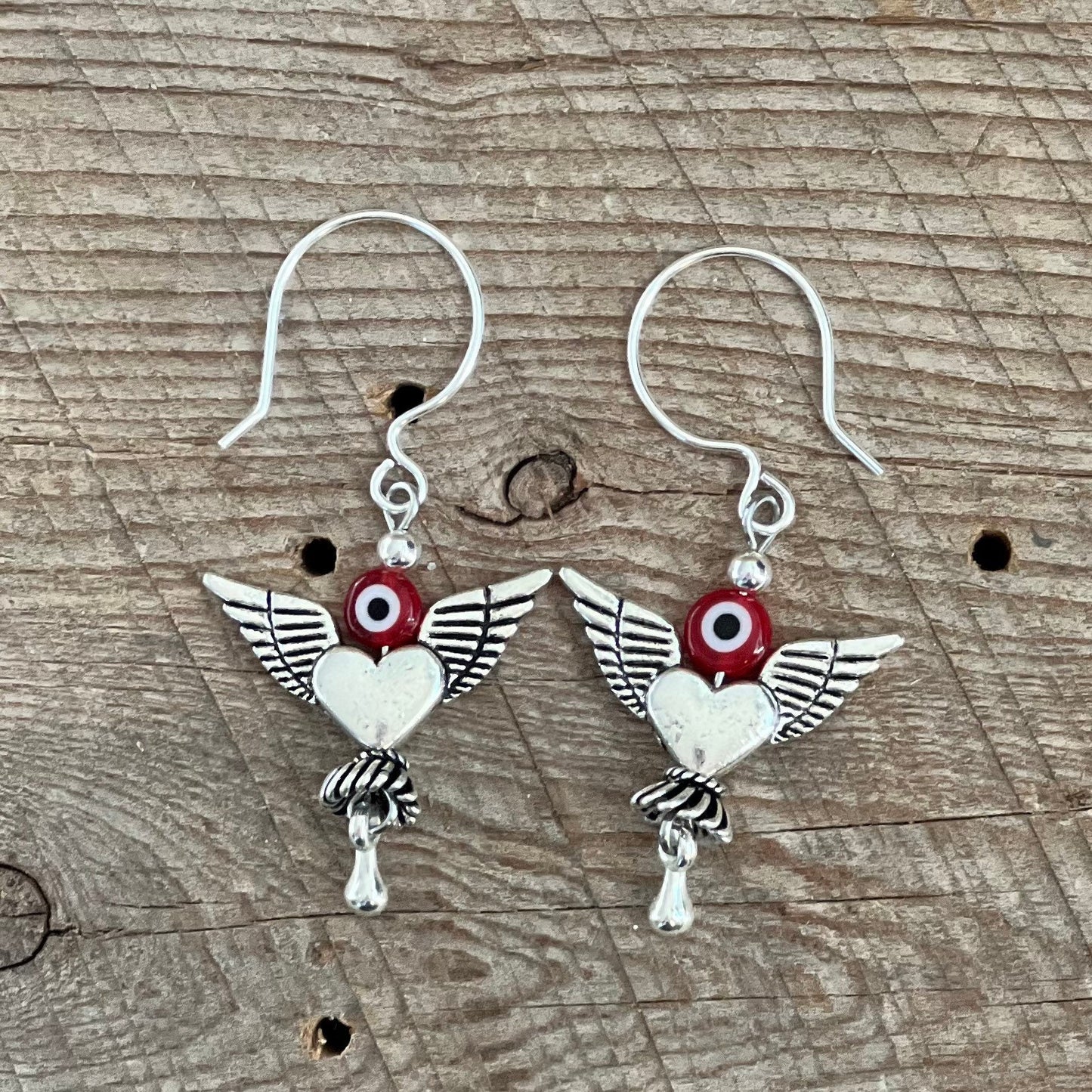 SariBlue® Red Evil Eye and Silver Winged Heart Earrings