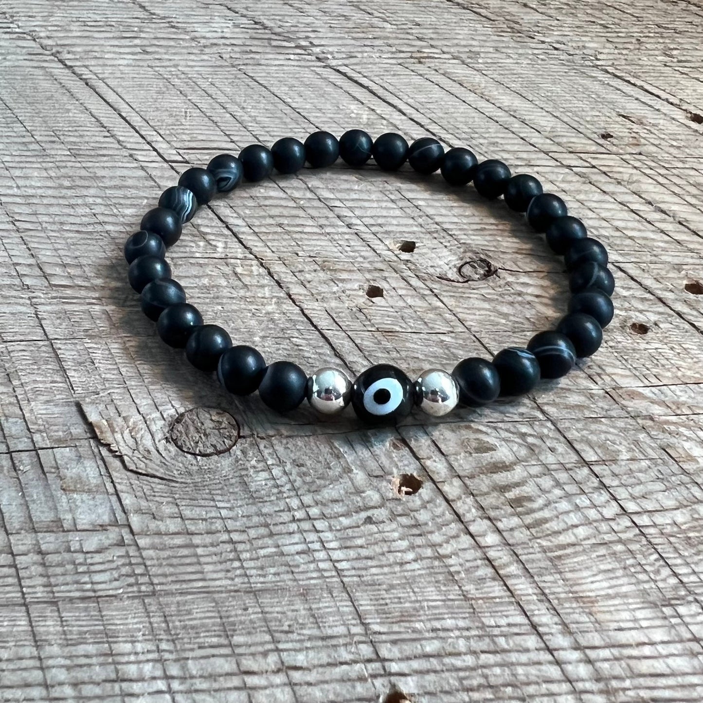 SariBlue® Evil Eye and Matte Black Agate with Sterling Silver Beads Bracelet