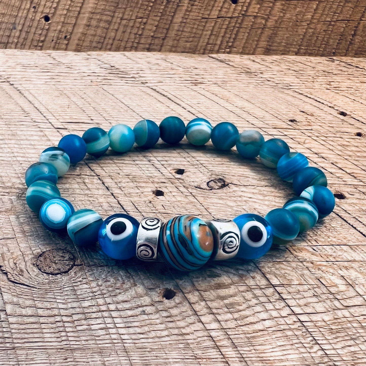 SariBlue® Fordite and Ultra Blue Agate with Light Blue Evil Eye and Pewter Beads Bracelet