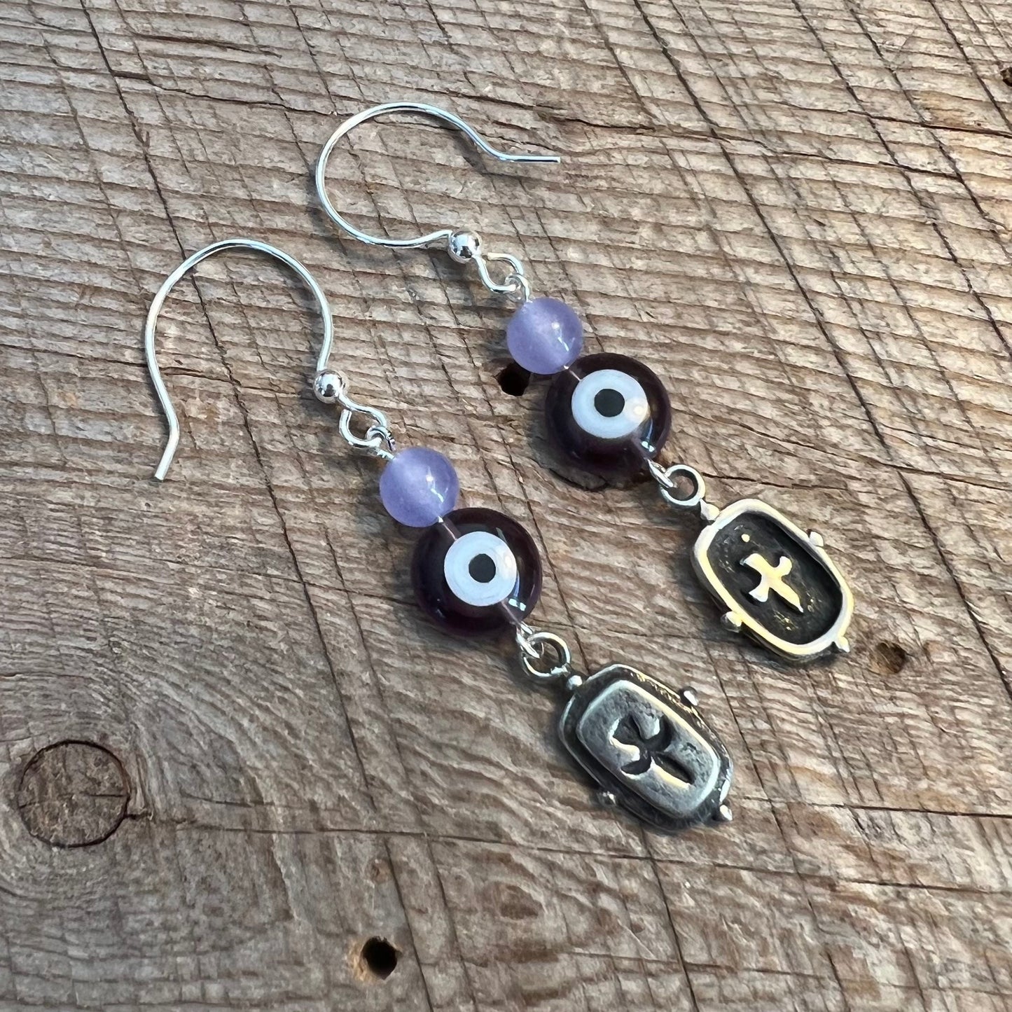 SariBlue® Lavender Quartzite and Purple Evil Eye Shield Earrings