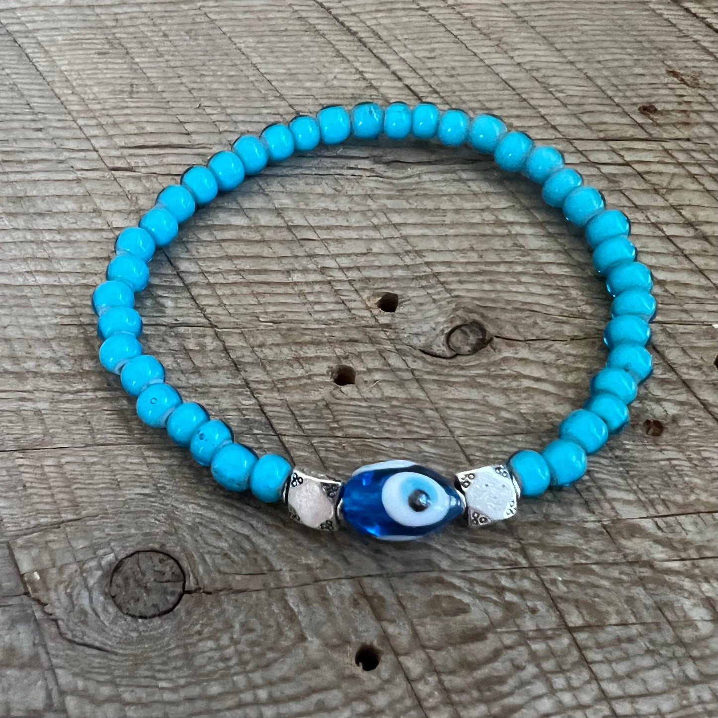 SariBlue® Light Blue White Heart Beaded Bracelet with Evil Eye & Pewter Beads