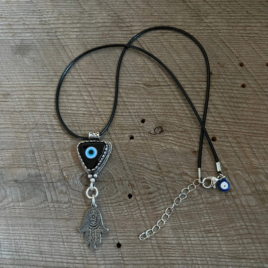 SariBlue® Dark Blue Triangle Evil Eye Pendant with Hamsa Charm Necklace