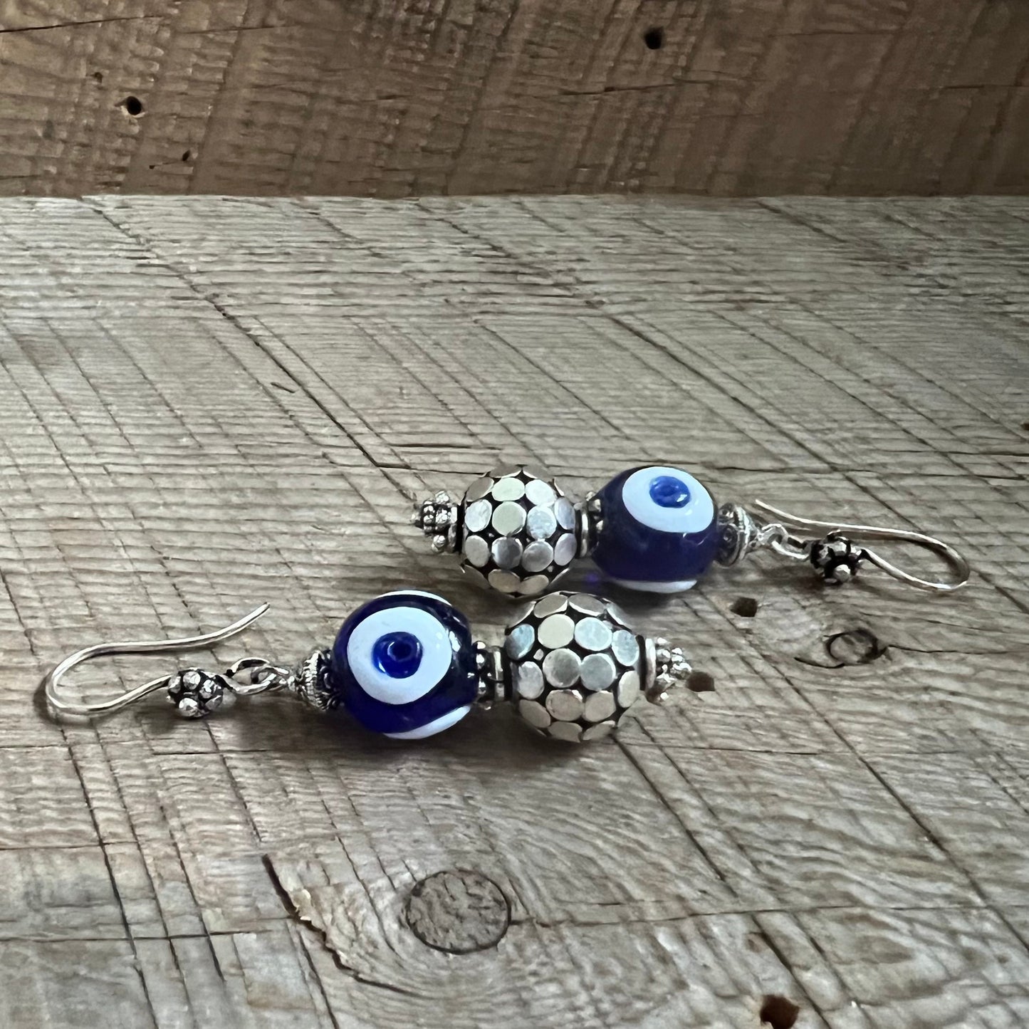 SariBlue® Istanbul Blue Mirror Ball Glass Evil Eye Bead Earrings
