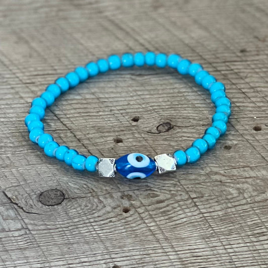 SariBlue® Light Blue White Heart Beaded Bracelet with Evil Eye & Pewter Beads