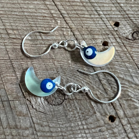 SariBlue® Iridescent Crescent Moon and Evil Eye Earrings