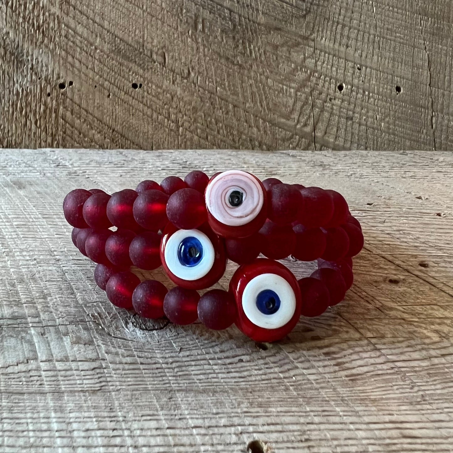 SariBlue®️ True Red Cultured Seaglass Evil Eye Bracelet