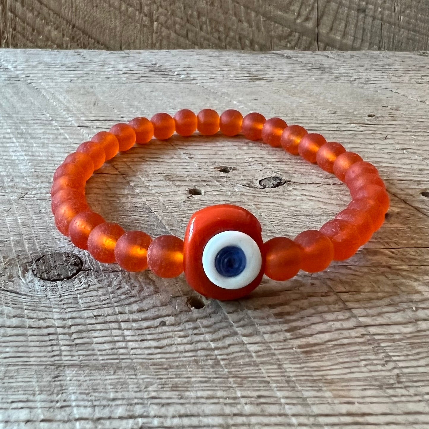 SariBlue®️ Orange Cultured Seaglass Evil Eye Bracelet