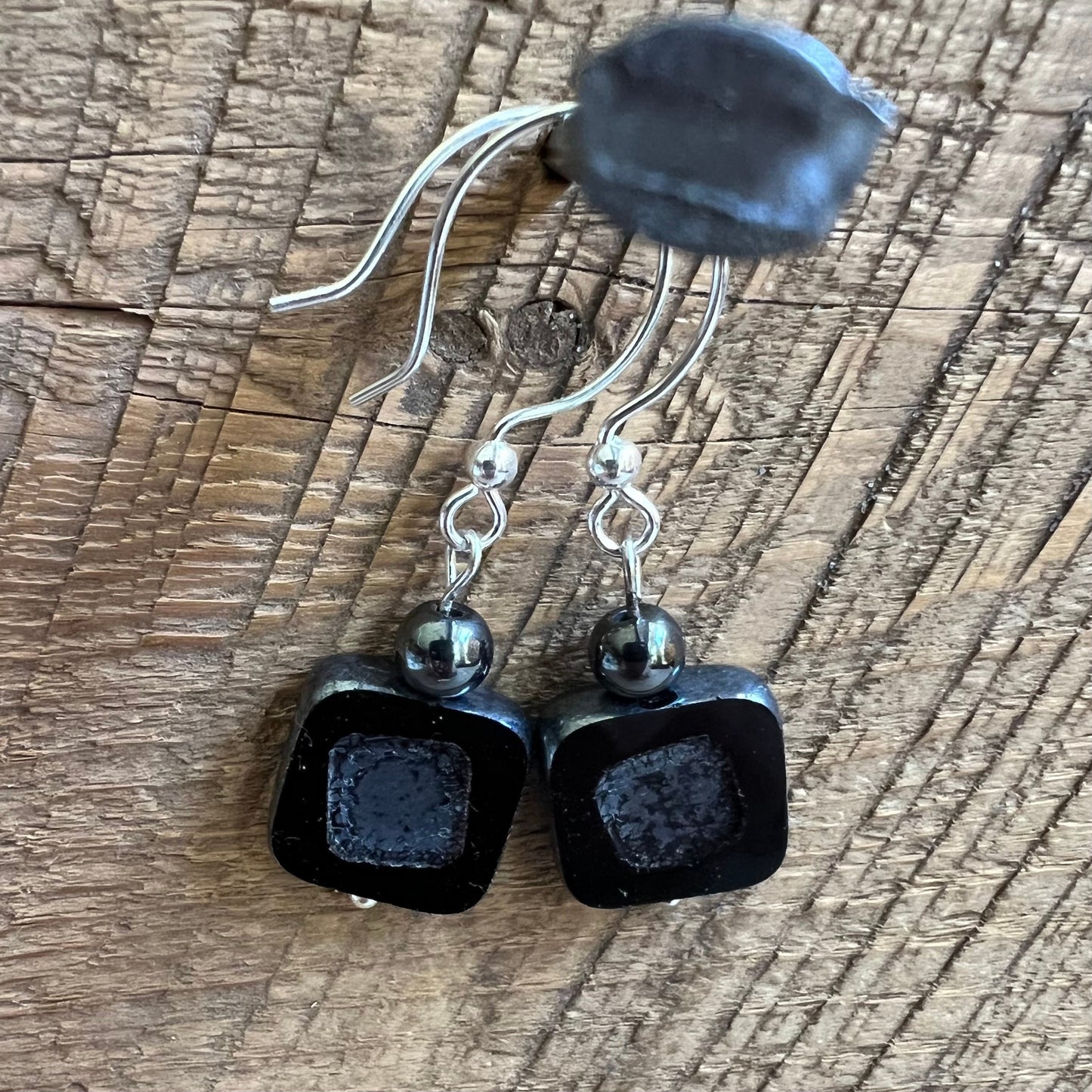 SariBlue® Black and Grey Square Czech Glass Earrings