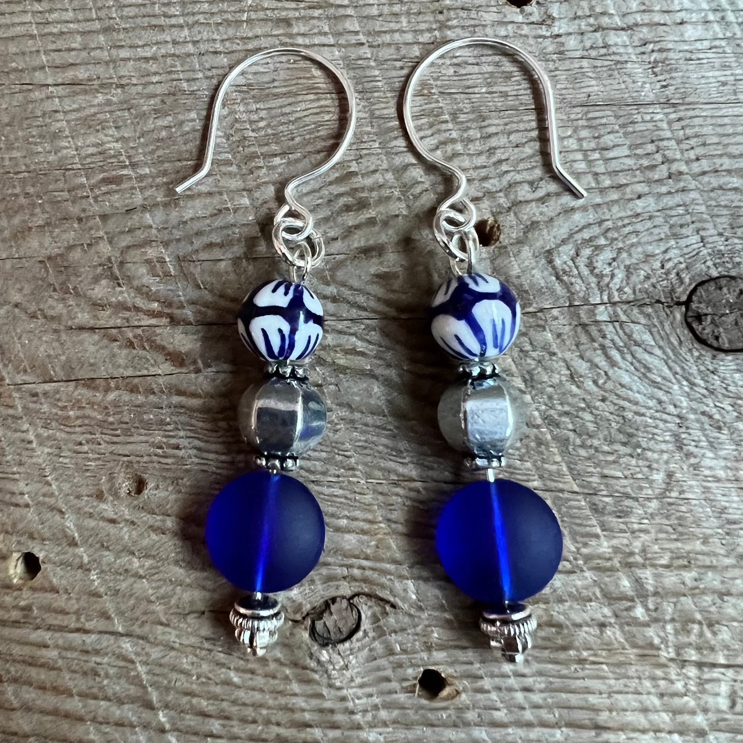 SariBlue® Boho Blue and White Ceramic Bead with a Cobalt Blue Seaglass Coin and Pewter Bead Earrings