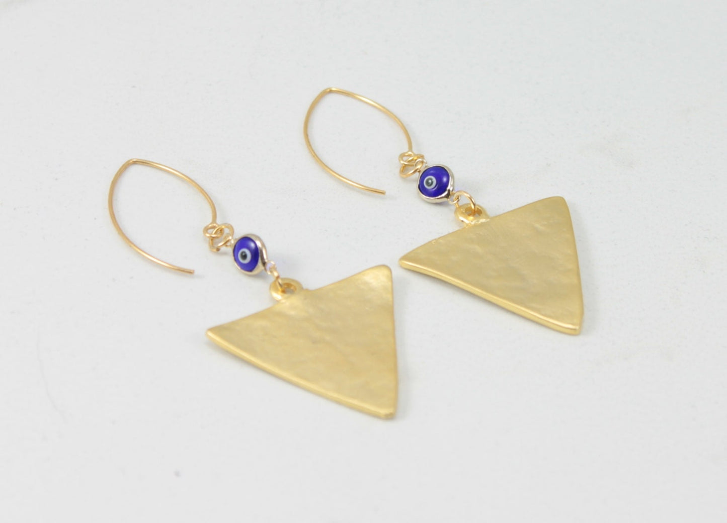 SariBlue® Gold Triangle & Blue Evil Eye Charm Earrings