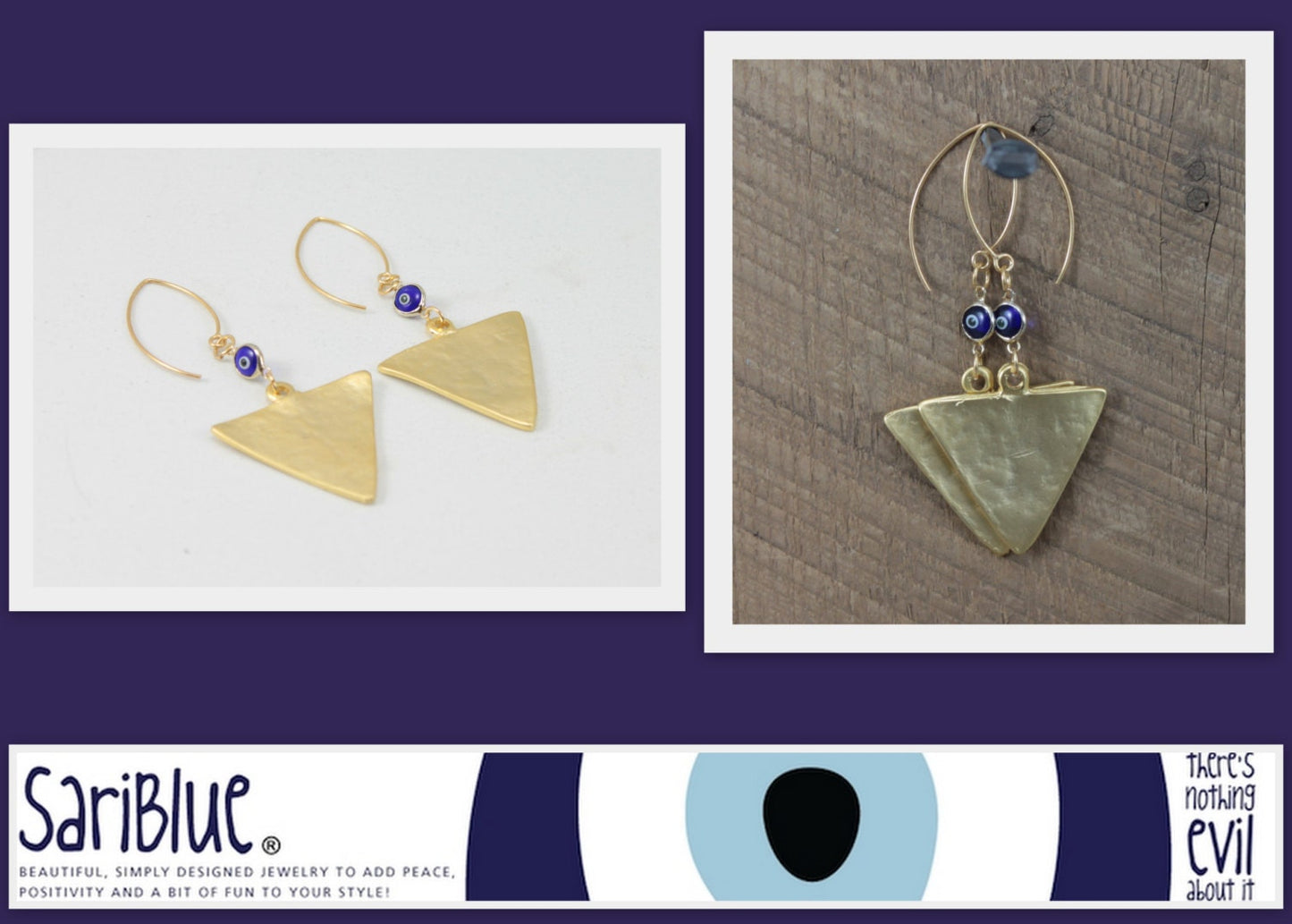 SariBlue® Gold Triangle & Blue Evil Eye Charm Earrings