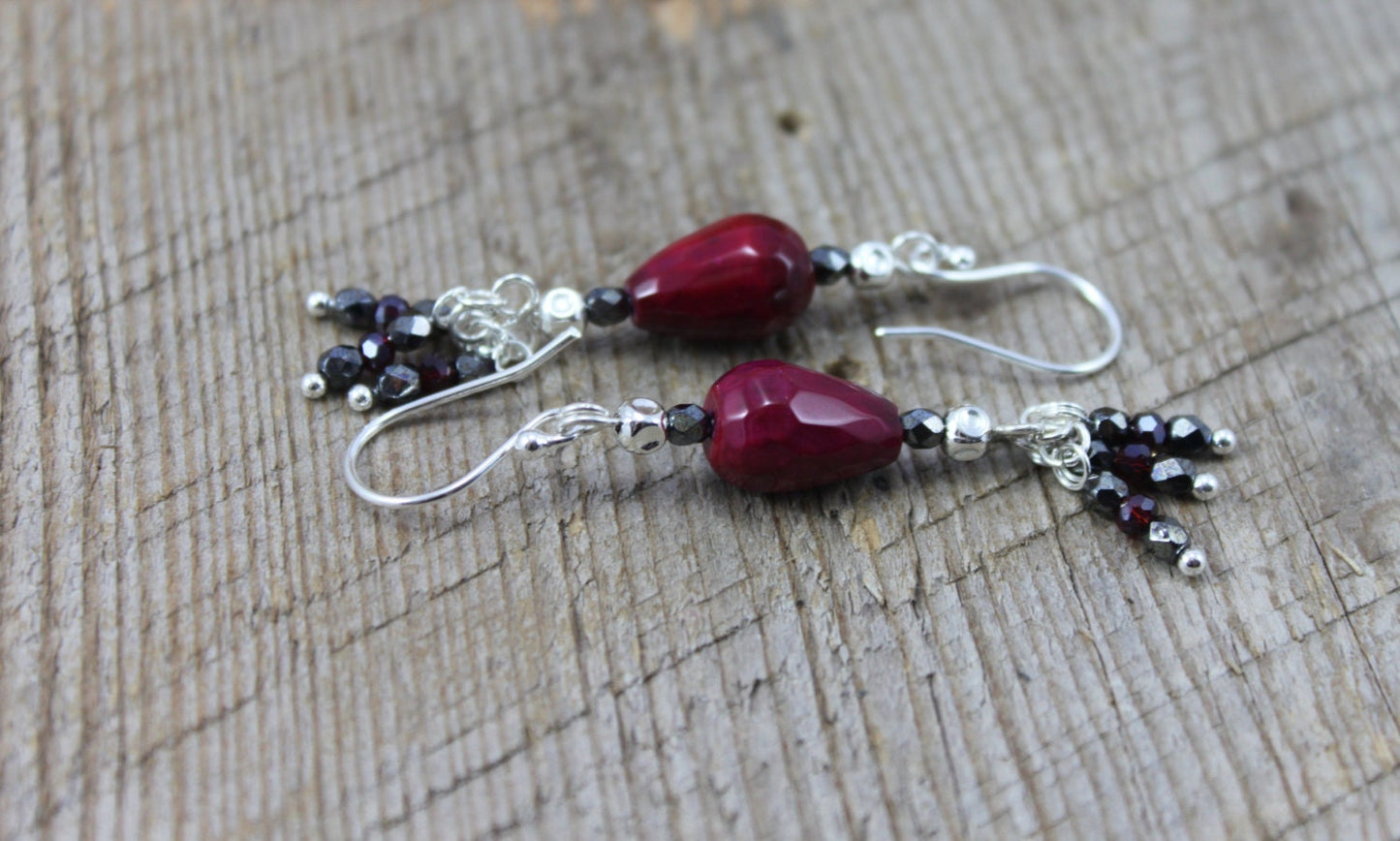 SariBlue® Handmade Agate Earrings with Hematite Red Crystals & Sterling Silver