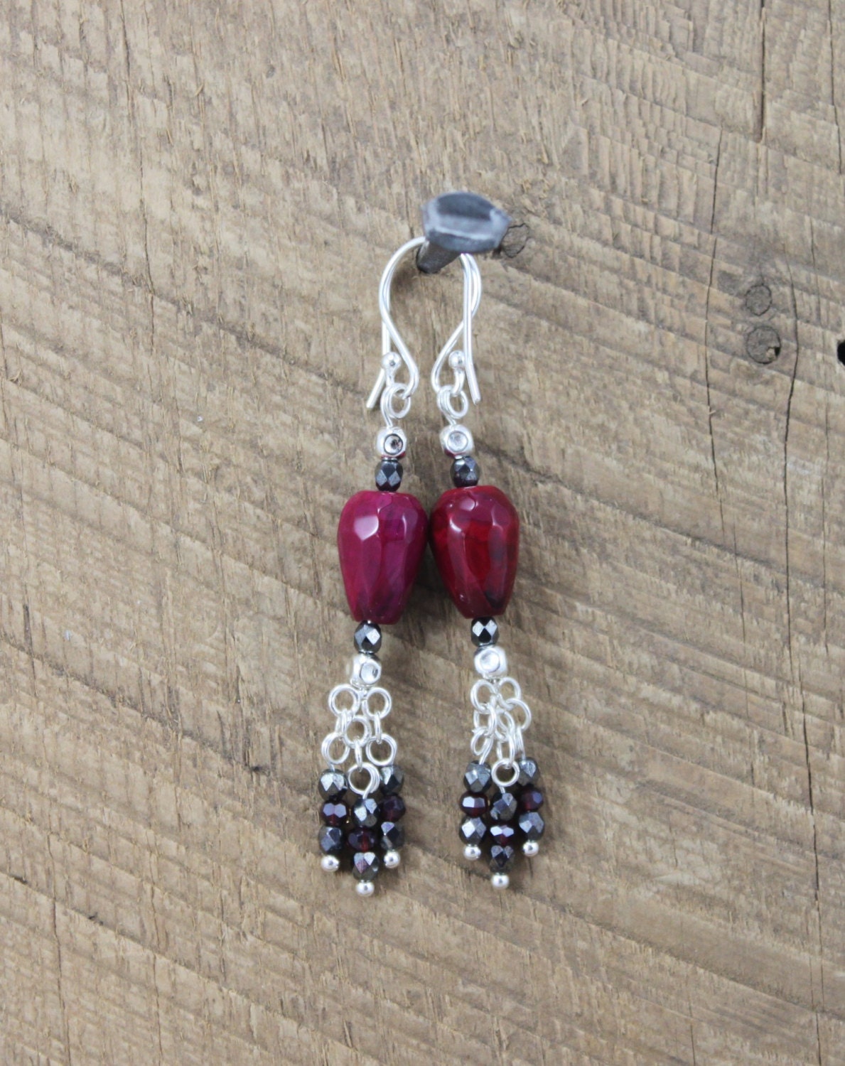 SariBlue® Handmade Agate Earrings with Hematite Red Crystals & Sterling Silver
