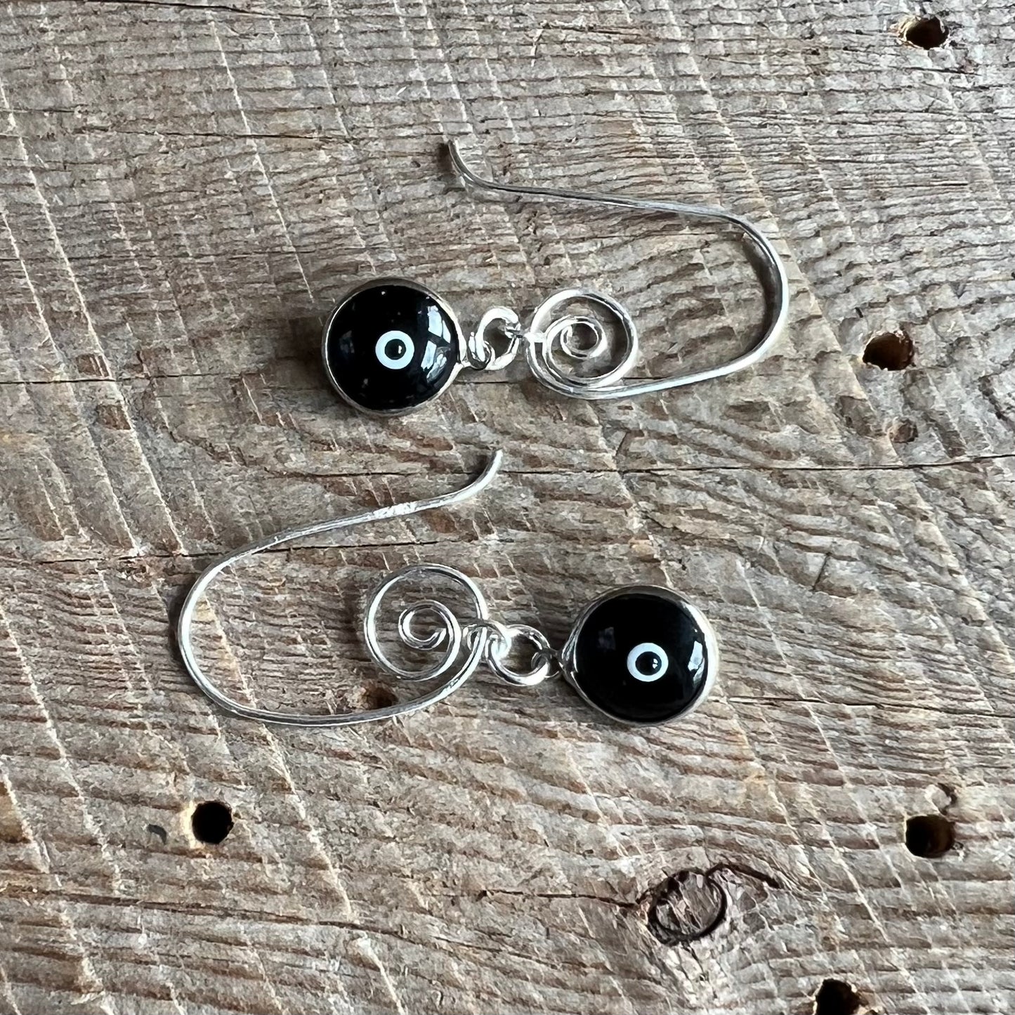 SariBlue® Black Austrian Crystals Evil Eye Earrings on Sterling Silver Swirl Hooks
